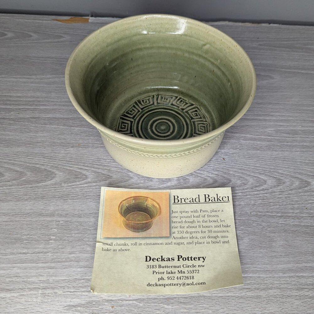 Deckas Pottery Signed Bread Baker Round Green Sage Color Made in Minnesota